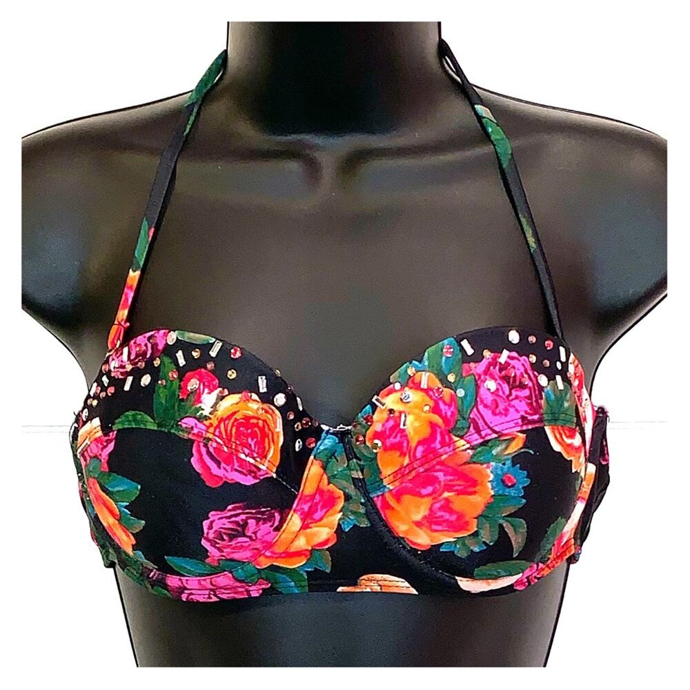 Endless Sun Medium Floral Bikini Top Black Multicolor Underwire Halter Swim